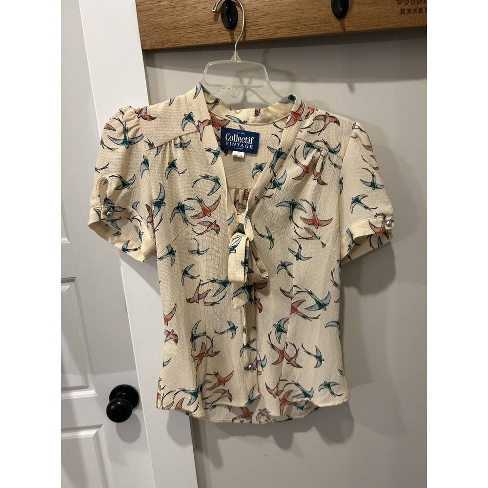 Retro Style Top Blouse Pin Up V-neck bow Rayon Bird Pattern Size XS Garden Fairy